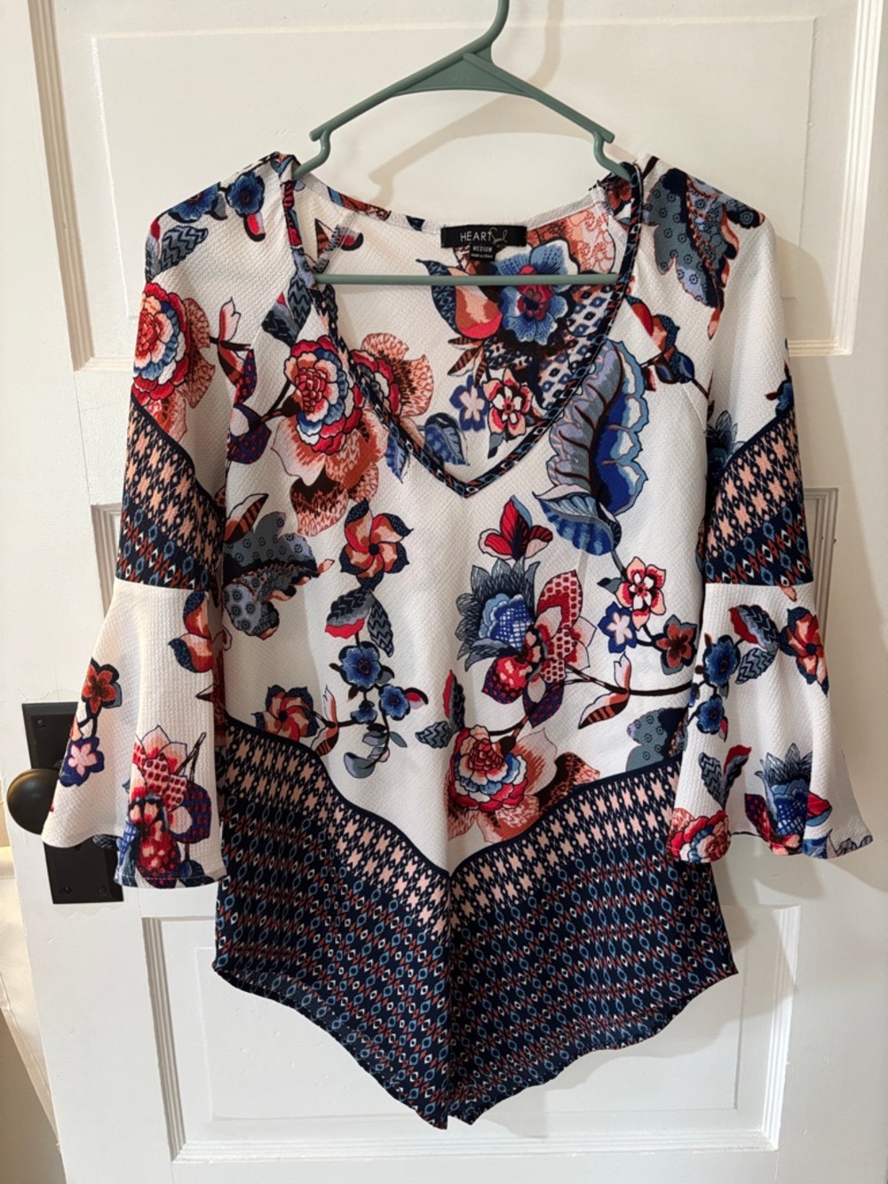 HeartSoul White Floral Bell-Sleeve Tunic with Blue & Red Accents - Unique